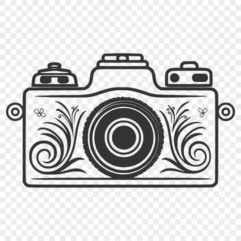 A stylized illustration of a camera with ornate details, suitable for vector graphics and design applications.