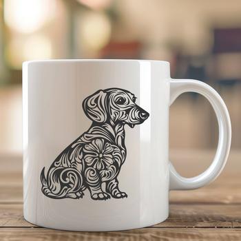 An isolated vector art design featuring a detailed dachshund dog in a sitting position with intricate details.