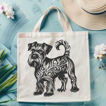 A detailed illustration of a Miniature Schnauzer standing in a full-body pose with ornate features.