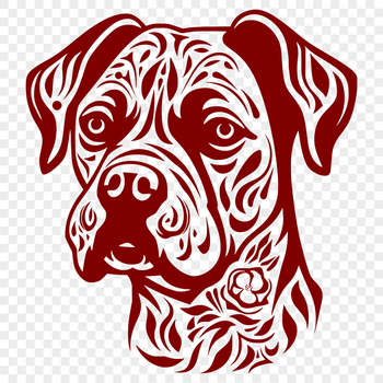 A stylized illustration of a dog's head, featuring the distinctive features of a Boxer breed.