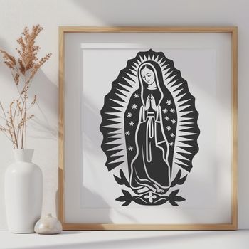 A detailed illustration of the Virgin Mary in ornate religious attire, suitable for printing or digital use.