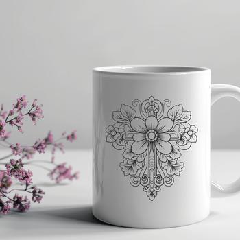 A detailed vector illustration of an ornate Christian cross with floral motifs.