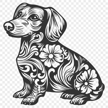 A sitting dachshund breed dog in full body pose with ornate floral details.