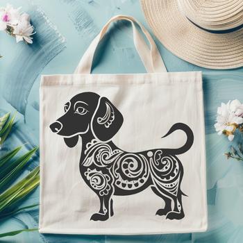 A full-body illustration of a standing dachshund with intricate details.
