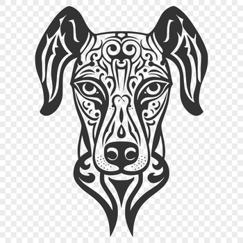 A detailed vector illustration of a Doberman Pinscher's head with ornate features.