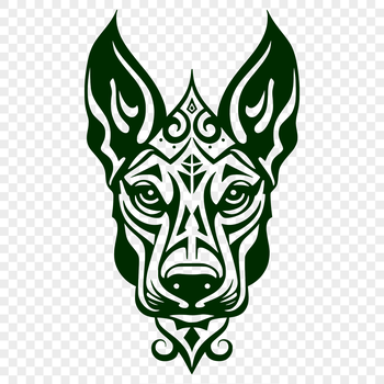 A detailed illustration of a Doberman Pinscher's head, featuring ornate details.