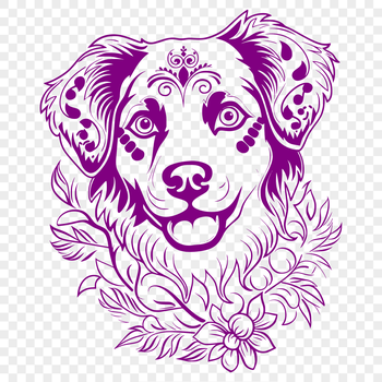 Close-up illustration of a detailed Australian Shepherd's head with ornate details.