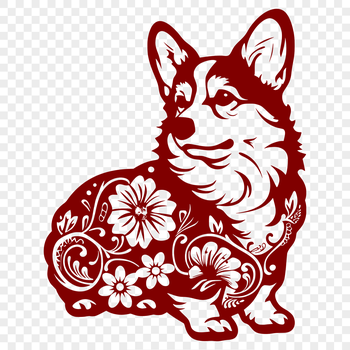 A Welsh Corgi sitting in a naturalistic setting with ornate floral elements surrounding it.