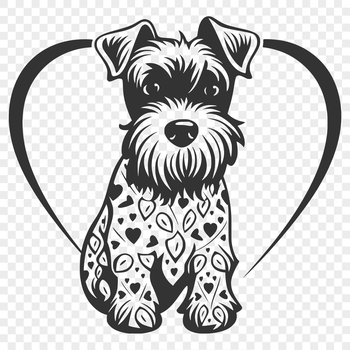 Close-up illustration of a sitting Miniature Schnauzer with ornate love hearts surrounding its body.