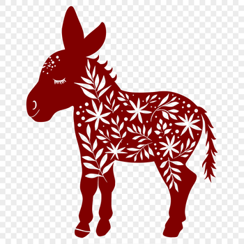 A standing donkey with intricate floral details etched into its fur, suitable for use in various designs.