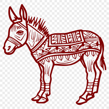 A colorful, full-body illustration of a standing donkey with ornate details.