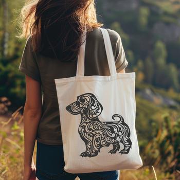 A full-body illustration of a standing dachshund, depicted in a stylized manner with ornate details.