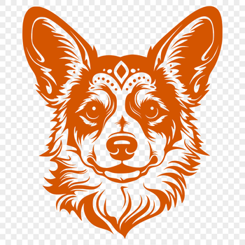 A detailed illustration of a Welsh Corgi's head with intricate details.
