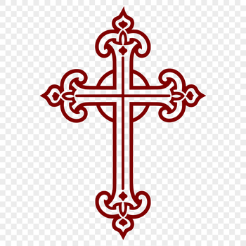 Ornate silver-toned cross with intricate details in a vector design.