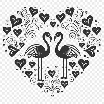 A full-body illustration of an ornate flamingo bird with love hearts incorporated into its design.