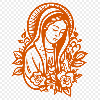 A detailed illustration of the Virgin Mary with ornate floral patterns surrounding her.