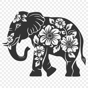 Large standing elephant illustration with intricate floral patterns on its body.