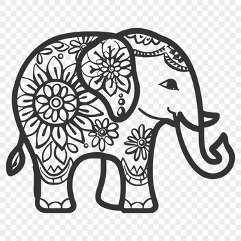 An illustration of a standing elephant with intricate details, suitable for graphic design projects.