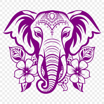 A large, ornate elephant head with floral patterns and designs.