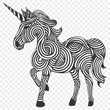 A detailed, full-body illustration of a mythical unicorn with ornate features.