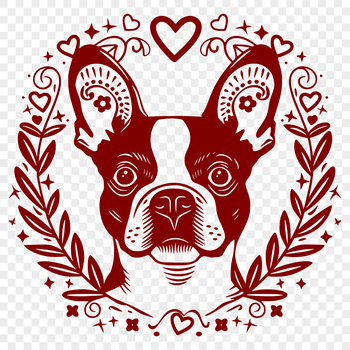 A stylized illustration of a happy Boston Terrier's head featuring ornate details.