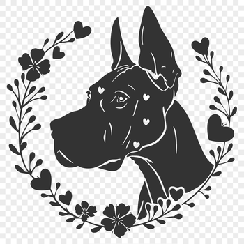 A majestic Great Dane breed dog's head with ornate floral patterns and love hearts.
