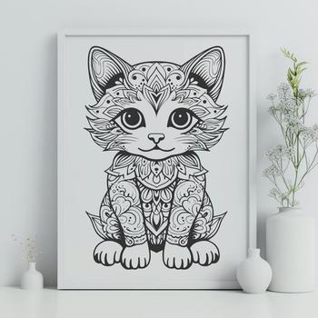 A stylized illustration of a sitting kitten with intricate details, suitable for vector art and graphics.