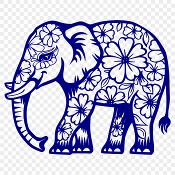 A standing elephant with ornate floral patterns on its body.