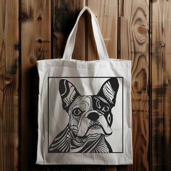 Illustrative vector art of a Boston Terrier's head with ornate details.