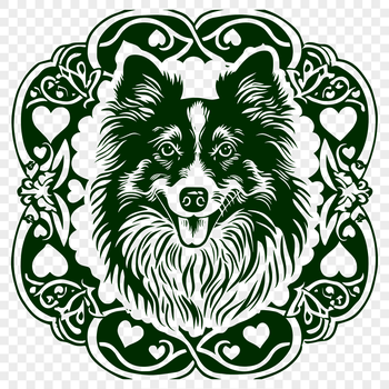 A stylized illustration of a Shetland Sheepdog's head with ornate details and love hearts incorporated into the design.