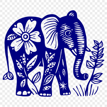 A full-body elephant illustration with intricate floral patterns and ornate details.