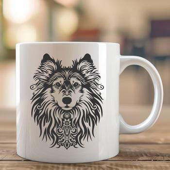 A detailed illustration of a Shetland Sheepdog's head with ornate features.
