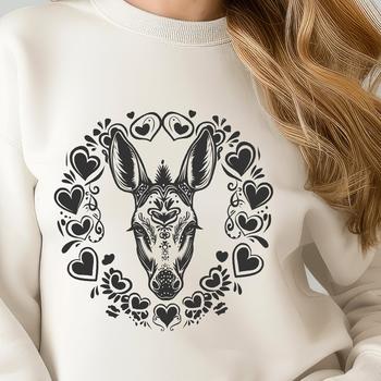 A vector graphic representation of a donkey's face featuring love hearts.