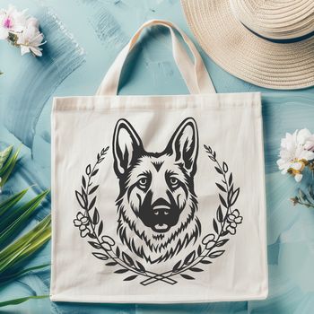 A detailed illustration of a German Shepherd's head with ornate floral patterns and designs.