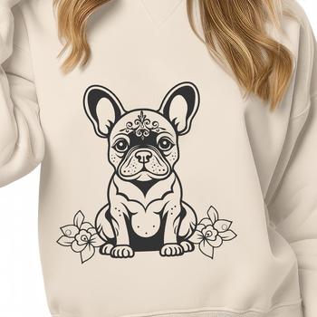French Bulldog breed illustration in ornate floral style, featuring a full-body sitting animal.