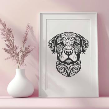 A stylized illustration of a Rottweiler's head.