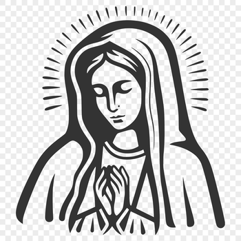 A simple line drawing illustration of the Virgin Mary in an ornate style, suitable for various applications.