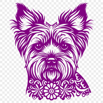 A vector illustration of a small dog with an ornate floral pattern on its head.