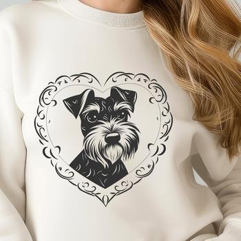 A close-up illustration of a Miniature Schnauzer's head with distinctive ornate facial features.
