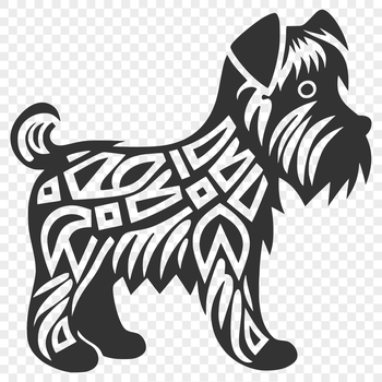 A realistic illustration of a standing miniature dog with distinctive ornate fur.