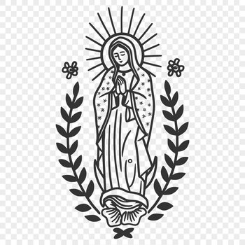 A detailed, ornate illustration of the Virgin Mary in full-body form, surrounded by floral patterns.