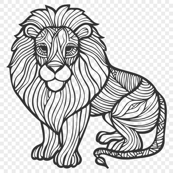 Large standing lion, ornate illustration of a big cat in full body view.