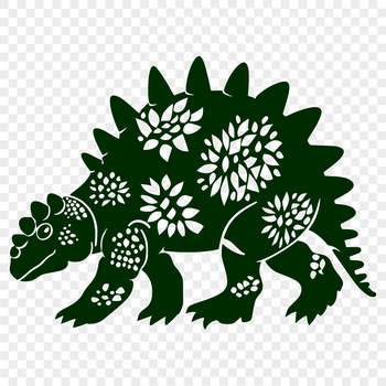 A prehistoric full-body dinosaur illustration in a detailed ornate style with floral patterns.