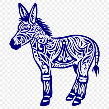 A detailed, full-body illustration of a donkey standing on its hind legs.