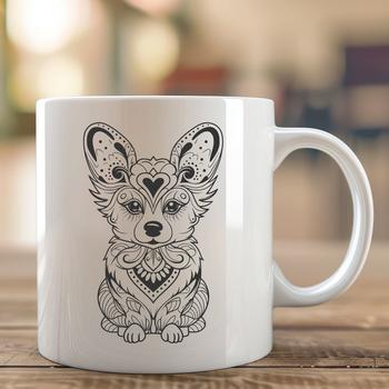 An ornate, vector art design of a corgi in a sitting posture.