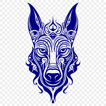 A detailed digital illustration of a Doberman Pinscher's head with ornate features.