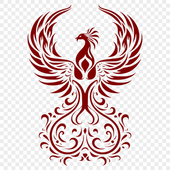 An ornate design featuring a stylized phoenix figure against a blank background.