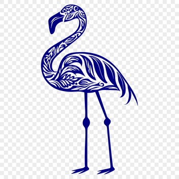 A colorful, full-body illustration of a flamingo standing upright, with ornate details.
