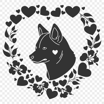 A stylized illustration of a Shiba Inu's head with ornate decorations surrounding it.