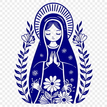Ornate illustration of the Virgin Mary with floral motifs in a traditional style.